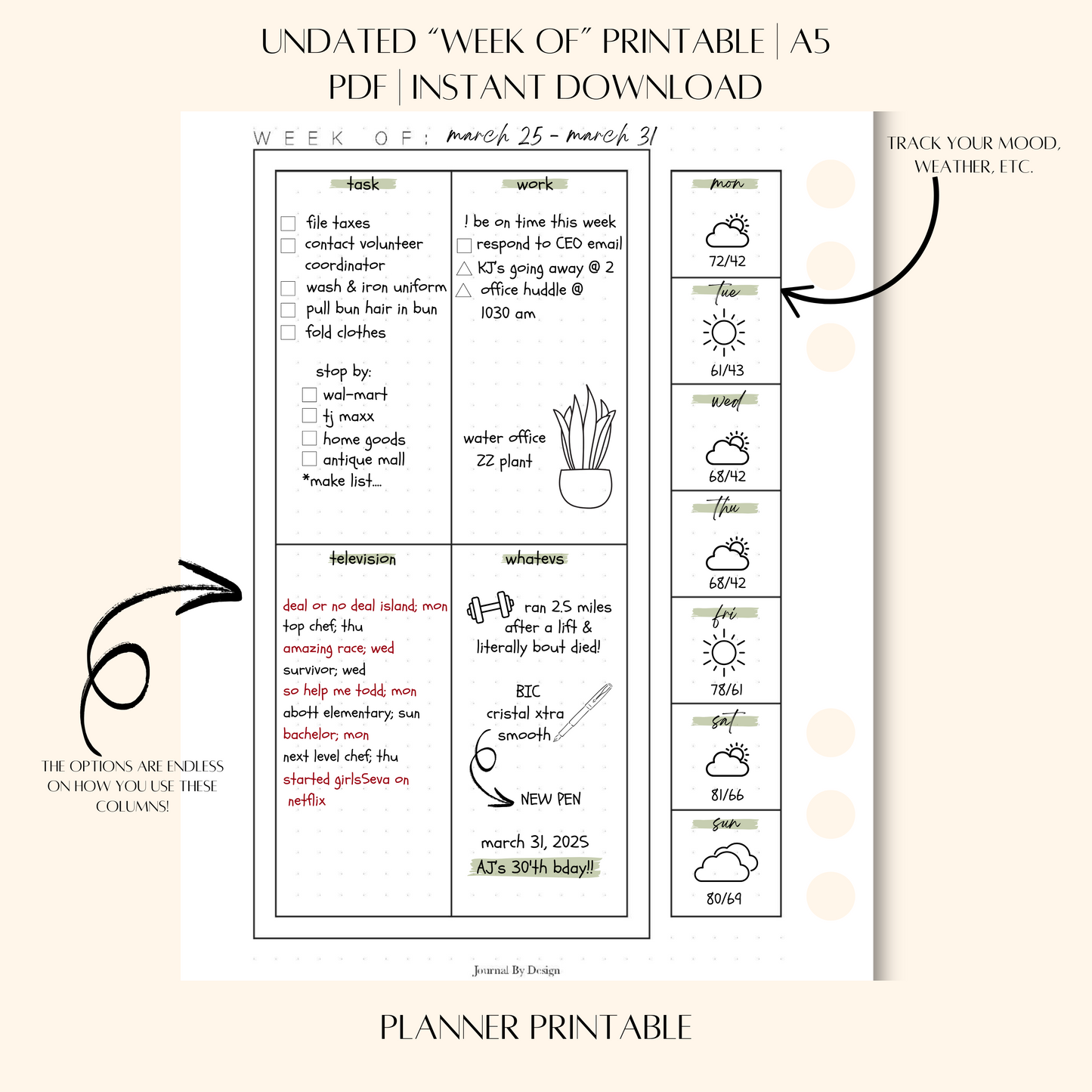 A5 "WEEK OF" PLANNER PRINTABLE (UNDATED)