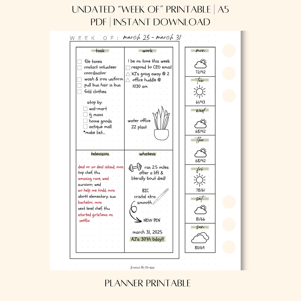 A5 "WEEK OF" PLANNER PRINTABLE (UNDATED)