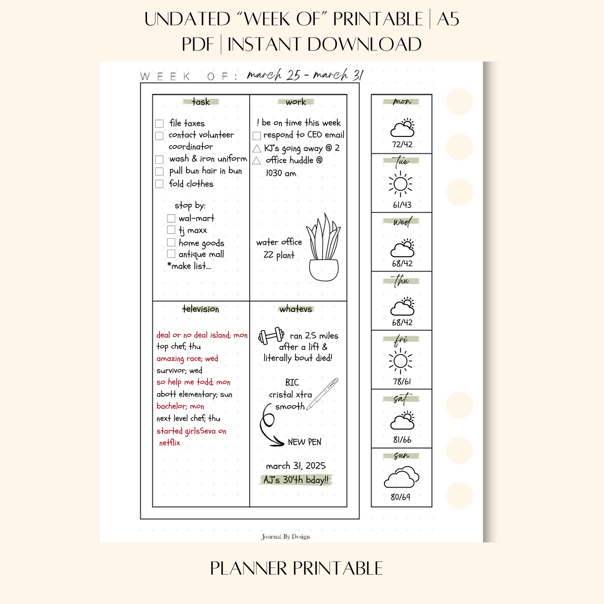 A5 "WEEK OF" PLANNER PRINTABLE (UNDATED)