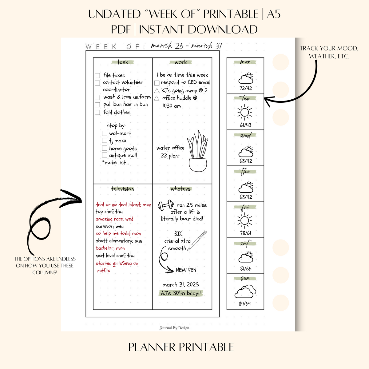 A5 "WEEK OF" PLANNER PRINTABLE (UNDATED)